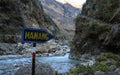 The highest pedestrian pass in the world Torong La on a trekking circle around Annapurna. Signpost to Manang Village