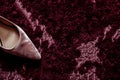 highheeled shoe next to scuff marks on a plush burgundy carpet Royalty Free Stock Photo