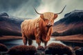 Highland cattle with long horns on a black background. Generative AI Royalty Free Stock Photo