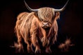 Highland cattle with long horns on a black background. Generative AI Royalty Free Stock Photo