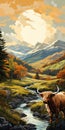 Highland cow in autumn landscape with lake and forest. Digital painting. Royalty Free Stock Photo