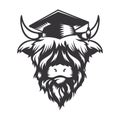 Highland cow Graduation head design with Graduation hat. Farm Animal. Cows logos or icons. vector illustration