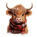 Highland Cow Holiday Charm: Cute Christmas Watercolor Style Clipart with Plaid Scarf - Isolated on White Background - Generative