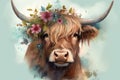 Highland cow illustrated portrait, painting, wearing floral crown, ai assisted. Generative AI
