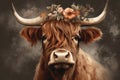 Highland cow illustrated portrait, painting, wearing floral crown, ai assisted. Generative AI