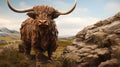 Highland Cow on Islay. Frontal view of Highland cow. AI Generative