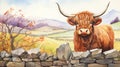 Highland cow looking over a wall watercolor