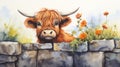 Highland cow looking over a wall watercolour