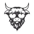 Highland cow in love head design with heart sungless. Farm Animal. Cows logos or icons. vector illustration