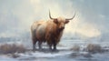 Highland cow on a pasture, snowy winter landscape