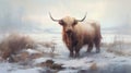 Highland cow on a pasture, snowy winter landscape