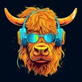 Highland cow or yak wearing blue headphones and sunglasses, listening music isolated on black background. Vibrant pop art retro Royalty Free Stock Photo