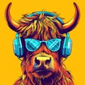 Highland cow or yak wearing blue headphones and sunglasses, listening music isolated on orange background. Vibrant pop art retro Royalty Free Stock Photo