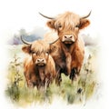 Highland Cows Standing Together in a Meadow in Summertime AI Generated