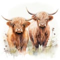 Highland Cows Standing Together in a Meadow in Summertime AI Generated