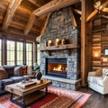 Highland Lodge: A cozy lodge-inspired living room with a stone fireplace, plaid upholstery, and animal-themed decor, bringing th