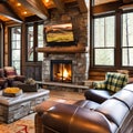 Highland Lodge: A cozy lodge-inspired living room with a stone fireplace, plaid upholstery, and animal-themed decor, bringing th