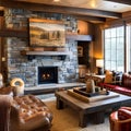 Highland Lodge: A cozy lodge-inspired living room with a stone fireplace, plaid upholstery, and animal-themed decor, bringing th