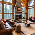 Highland Lodge: A cozy lodge-inspired living room with a stone fireplace, plaid upholstery, and animal-themed decor, bringing th