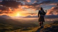 Highland Reverie: Kilt-Clad Scotsman Gazing at Sunset Majesty