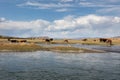 A highland river valley with yellow meadow at central mongolia Royalty Free Stock Photo