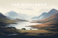 Highlands, Scotland travel poster with spectacular view of hills, lochs, moor. Ai generated image