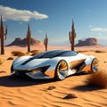 highlight the aerodynamic design of a sports car against the desert horizon trending on art station