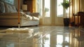 Highlight the cleanliness of freshly and mopped floors. a mop leaving behind gleaming tiles