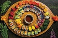 The sushi plate showcases a colorful array of vegetables, fish, and fruits