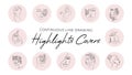 Highlight covers backgrounds set in trendy style. Continuous line art icons with women faces and silhouettes for logo, beauty,