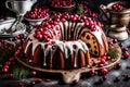 Highlight the deliciousness of a homemade cranberry sour cream bundt cake with an inviting visual. Showcase the textured details