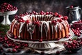 Highlight the deliciousness of a homemade cranberry sour cream bundt cake with an inviting visual. Showcase the textured details