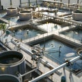 Highlight the precision and complexity of water treatment processes through an eyelevel perspective, emphasizing the technology Royalty Free Stock Photo