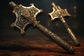 Highlight a series of ornate medieval axes