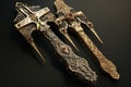 Highlight a series of ornate medieval axes