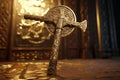 Highlight a series of ornate medieval axes