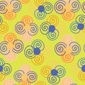 Highlight yellow with colourful swirling circle shapes seamless pattern background design.