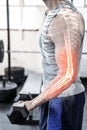 Highlighted arm of strong man lifting weights at gym Royalty Free Stock Photo