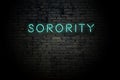 Highlighted brick wall with neon inscription sorority