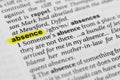 Highlighted English word `absence` and its definition in the dictionary