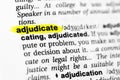 Highlighted English word `adjudicate` and its definition in the dictionary