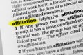 Highlighted English word `affiliation` and its definition in the dictionary
