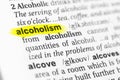 Highlighted English word alcoholism and its definition in the dictionary Royalty Free Stock Photo