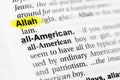 Highlighted English word `allah` and its definition in the dictionary