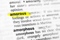 Highlighted English word `amorous` and its definition in the dictionary Royalty Free Stock Photo