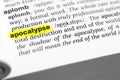 Highlighted English word apocalypse and its definition in the dictionary Royalty Free Stock Photo