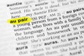 Highlighted English word `au pair` and its definition in the dictionary