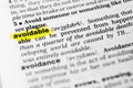 Highlighted English word `avoidable` and its definition in the dictionary.