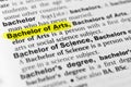 Highlighted English word `Bachelor of Arts` and its definition in the dictionary