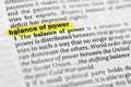 Highlighted English word `balance of power` and its definition in the dictionary Royalty Free Stock Photo